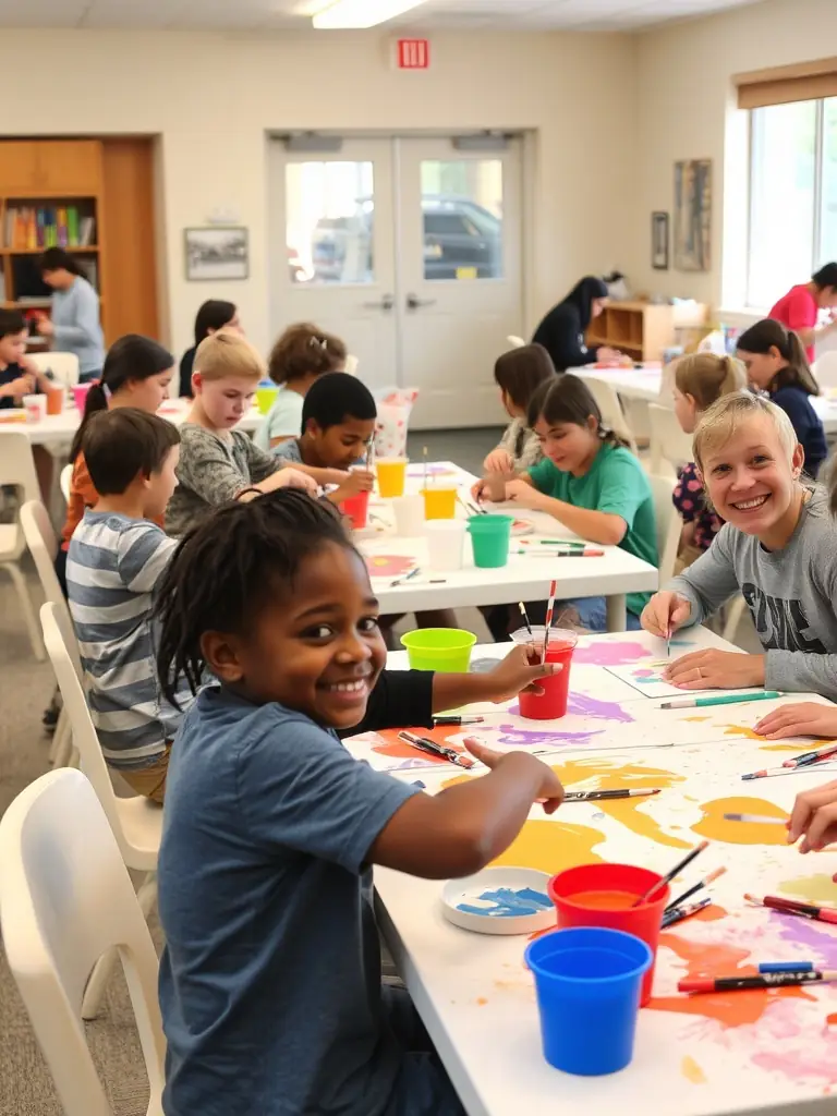 A photograph capturing an art workshop in progress, with participants of diverse backgrounds and ages working collaboratively on creative projects. The atmosphere should be lively and engaging, reflecting the spirit of artistic expression and community interaction.