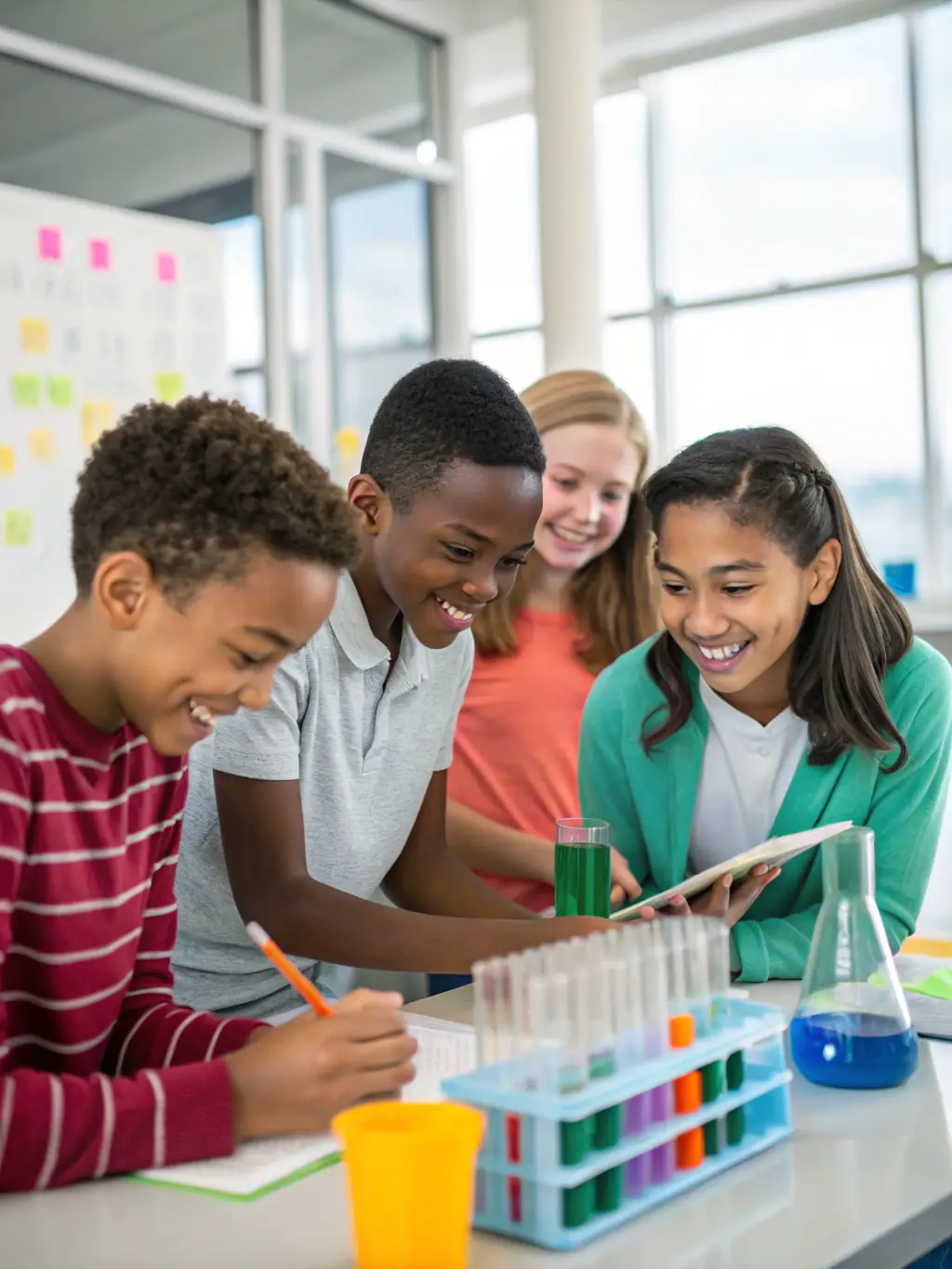 A photograph capturing a group of children participating in an educational activity, such as a science experiment or a coding workshop. The scene should be interactive and stimulating, emphasizing the importance of hands-on learning and skill development.