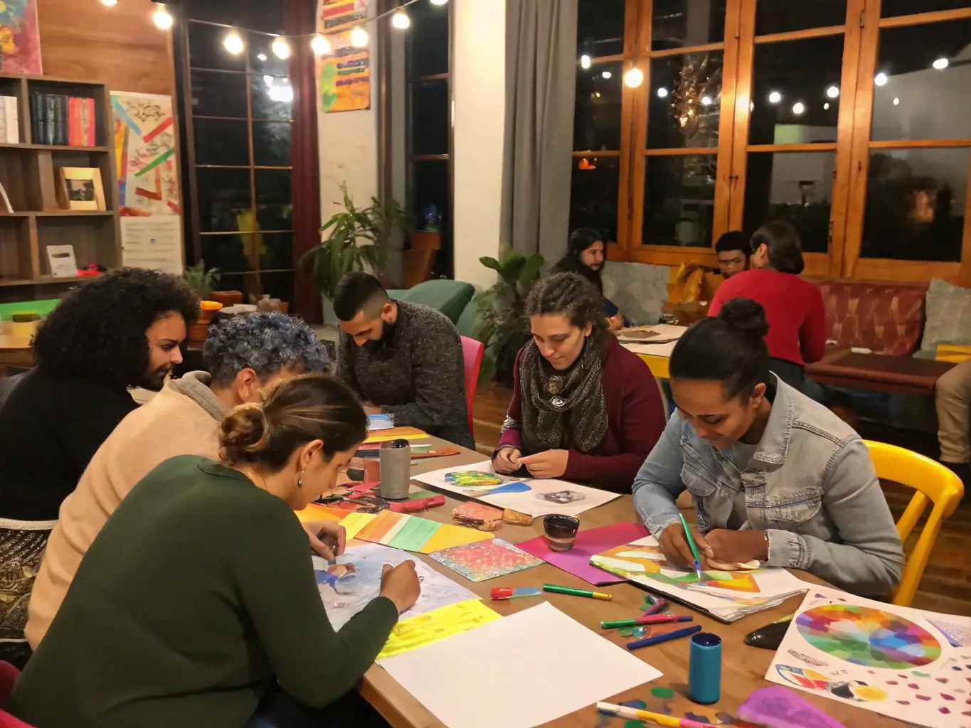 A group of people participating in an art workshop, creating paintings and sculptures under the guidance of an instructor.