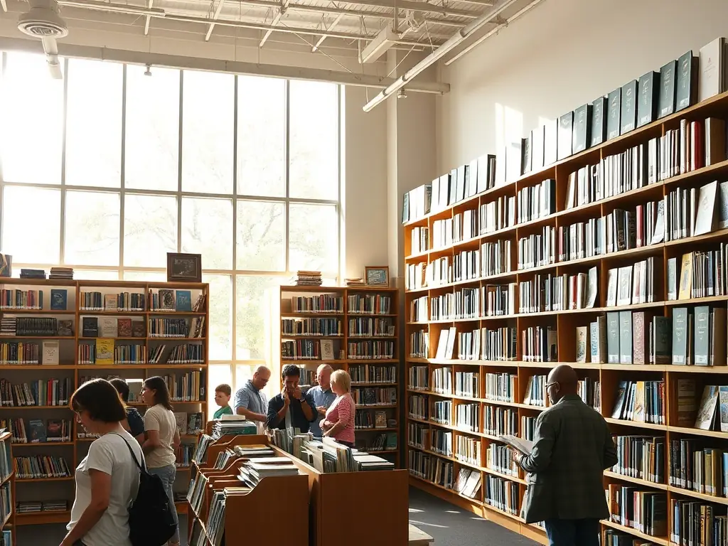 A brightly lit community library with diverse books on shelves and people of different ages reading and interacting.