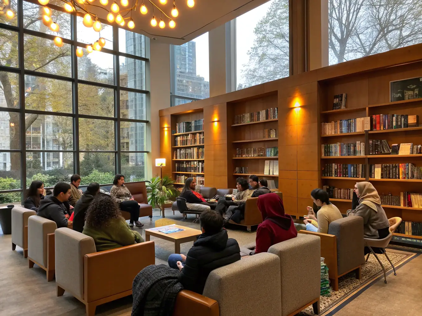 Photographie lumineuse d’une bibliothèque communautaire moderne, avec des enfants et des adultes lisant ensemble dans un espace convivial, mettant en avant l’accessibilité et la diversité des ouvrages proposés par CBPT 18.