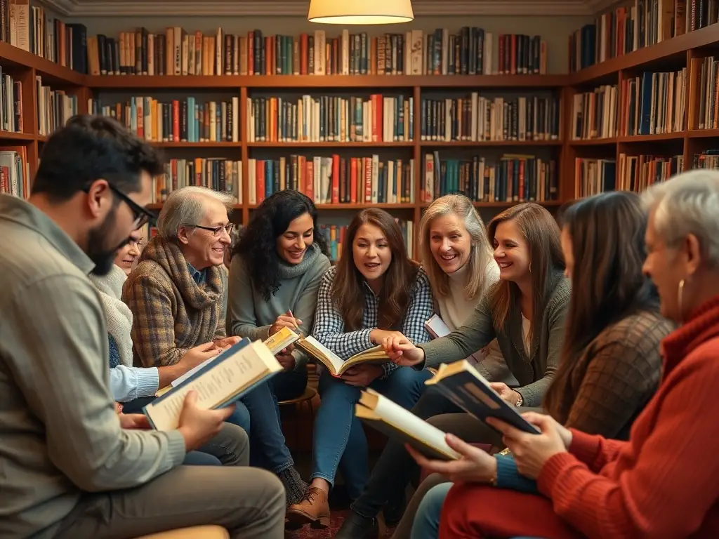A vibrant image depicting a group of people participating in a literary workshop at one of CBPT 18's community libraries. The scene is lively, with participants actively engaged in discussion and writing, showcasing the organization's commitment to promoting literacy and community engagement.
