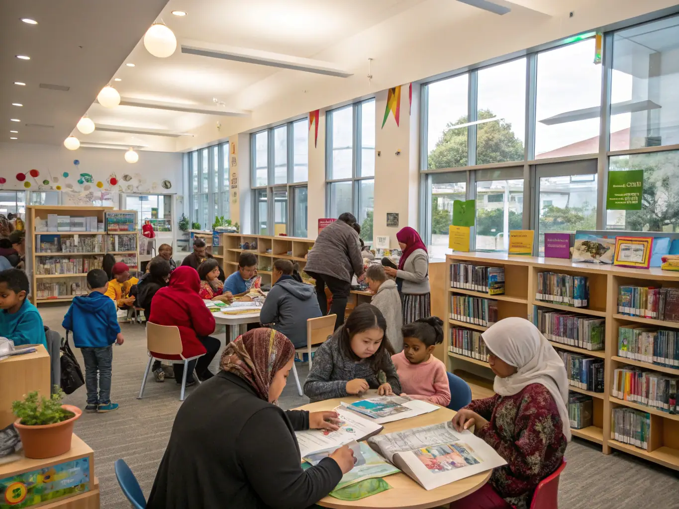 A photo of volunteers assisting in organizing books and resources in a library, showcasing their dedication to community service.