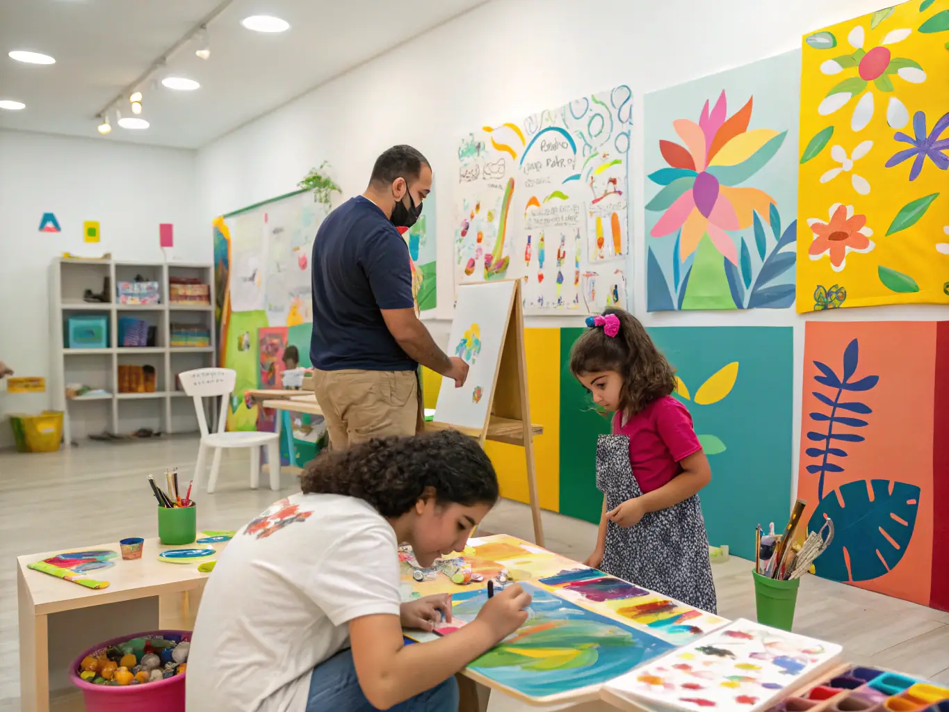 Image d’un atelier artistique animé par un bénévole, où des enfants peignent et créent ensemble, illustrant la diversité des activités culturelles et l’engagement intergénérationnel de CBPT 18.