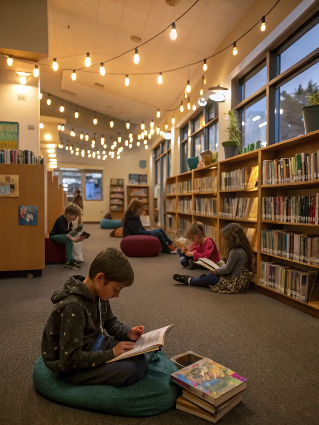A vibrant image depicting a community library bustling with activity, showcasing people of all ages engaged in reading, browsing books, and participating in a storytelling session. The scene should convey a sense of community, learning, and cultural enrichment.